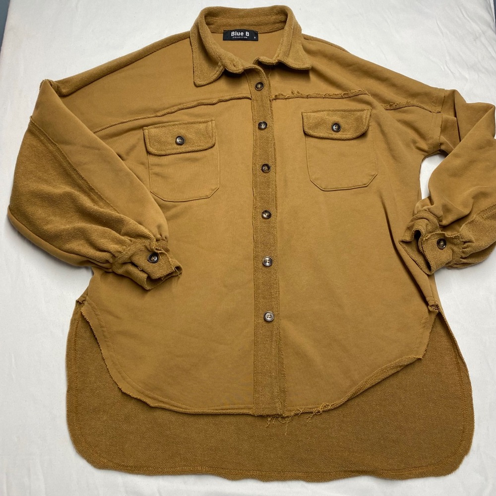 Blue B Collection Mustard Tan French Terry Shacket Raw Edge High Low Small
